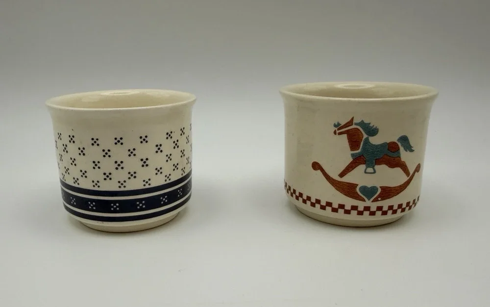 Vintage Ceramic Mini Crocks Set of 2 Blue Dot, Rocking Horse Cottage Rustic